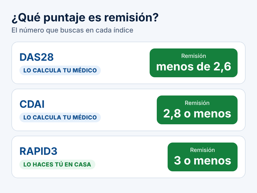 El puntaje de remisión en cada índice: DAS28, CDAI y RAPID3.